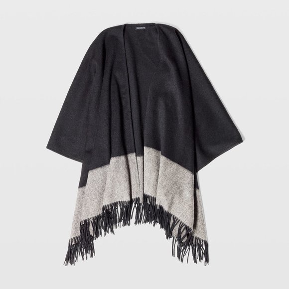 NWT Club Monaco Colorblock Fringed Poncho 100%‎ Black Gray Wool Relaxed Wrap - Picture 1 of 2